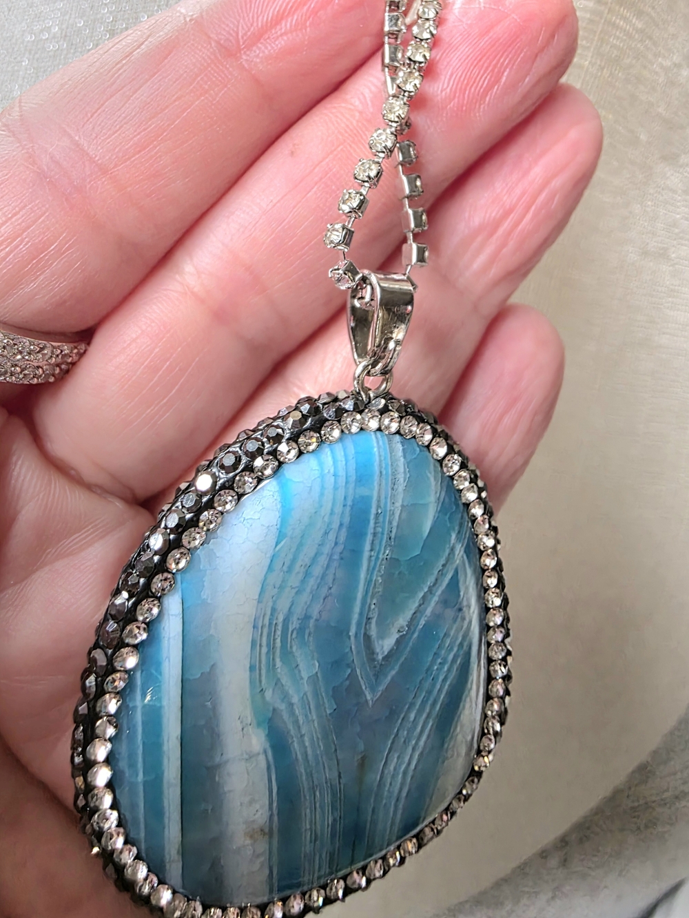 Large Blue Agate Slice Pendant Necklace, 17-19" Silver Boho Jewelry - Picture 7 of 11